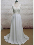 A-line V-neck Chiffon Lace Ivory Beach Wedding Dresses with Sash,APD2375-SheerGirl