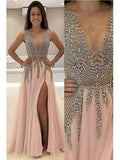 A-line V-neck Evening Dress with Slit Sexy Shiny Rhinestone Long Prom Dresses APD2079-SheerGirl