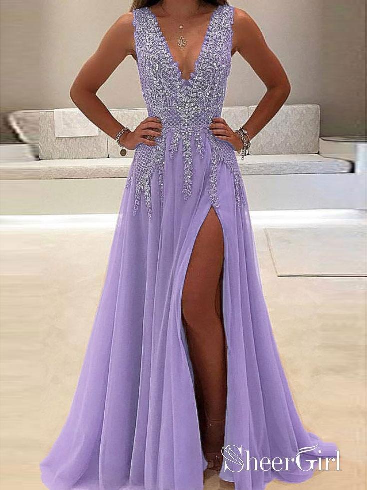 A Line V Neck Lilac Lace Long Prom Dress, V Neck Lilac Formal