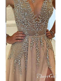 A-line V-neck Evening Dress with Slit Sexy Shiny Rhinestone Long Prom Dresses APD2079-SheerGirl