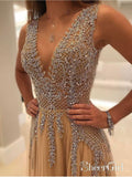 A-line V-neck Evening Dress with Slit Sexy Shiny Rhinestone Long Prom Dresses APD2079-SheerGirl