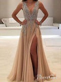 A-line V-neck Evening Dress with Slit Sexy Shiny Rhinestone Long Prom Dresses APD2079-SheerGirl