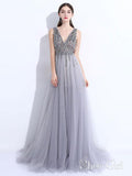 A-line V-neck Grey Tulle Beaded Long Prom Dresses with Split APD3005-SheerGirl