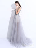 A-line V-neck Grey Tulle Beaded Long Prom Dresses with Split APD3005-SheerGirl