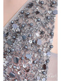 A-line V-neck Grey Tulle Beaded Long Prom Dresses with Split APD3005-SheerGirl