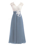 A-line V-neck Ivory Lace Applique Tea-length Bridesmaid Dresses Plus Size apd2656-SheerGirl