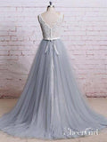 A-line V-neck Ivory Lace Bodice Grey Tulle Skirt Chapel Train Wedding Dresses,apd2543-SheerGirl