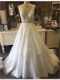 A-line V-neck Ivory Lace Wedding Dresses with Chapel Train SWD0040-SheerGirl