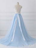 A-line V-neck Lace Top Sky Blue Skirt Cheap Prom Dresses with Sash SWD0018-SheerGirl