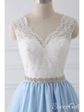 A-line V-neck Lace Top Sky Blue Skirt Cheap Prom Dresses with Sash SWD0018-SheerGirl