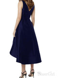 A-line V-neck Navy Satin Wedding Midi Bridesmaid Dresses High Low Party Dress APD2753-SheerGirl