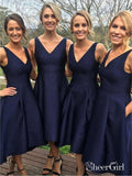 A-line V-neck Navy Satin Wedding Midi Bridesmaid Dresses High Low Party Dress APD2753-SheerGirl