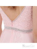 A-line V-neck Spaghetti Strap Beaded Bodice Pink Prom Dresses APD3115-SheerGirl