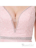 A-line V-neck Spaghetti Strap Beaded Bodice Pink Prom Dresses APD3115-SheerGirl