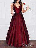 A-line V-neck Spaghetti Strap Burgundy Prom Dresses Long Formal Evening Ball Gowns ARD1081-SheerGirl