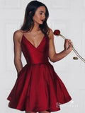 A-line V-neck Spaghetti Strap Burgundy Simple Homecoming Dresses with Pocket APD2544-SheerGirl