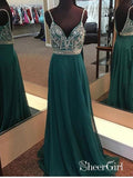 A-line V-neck Spaghetti Strap Chiffon Long Beaded Prom Dresses APD3077-SheerGirl