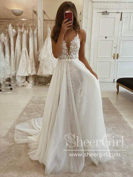 Boho A-Line Wedding Dresses Lace Appliques Spaghetti Straps V-Neck Bridal  Gowns