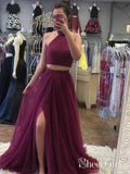 A-line/Princess Halter Two Piece Long Prom Dresses with Side Slit APD3032-SheerGirl