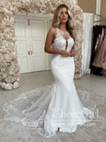 Backless Deep Neckline Mermaid Wedding Dress with Shaped Chapel Train AWD1769-SheerGirl