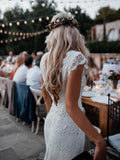 Backless Lace Boho Mermaid Wedding Dresses Cap Sleeve Bohemian Bridal Gown AWD1410-SheerGirl