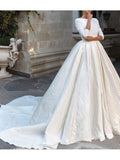 Backless Long Sleeve Ivory Wedding Dresses Modest 3/4 Sleeve Wedding Gowns AWD1136-SheerGirl