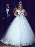 Ball Gown Off the Shoulder Lace Appliqued Wedding Dresses with Sweep Train SWD0037-SheerGirl