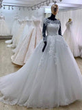 Ball Gown Scoop Neck Tulle Lace Appliqued Bridal Wedding Dresses with Long Sleeves,apd2672-SheerGirl