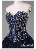 Ball Gown Strapless Beaded Navy Tulle Long Pageant Dresses APD3041-SheerGirl