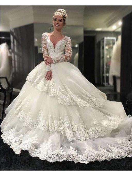 Ball Gown V-neck Long Sleeves Cathedral Train Royal Wedding Dresses SWD0021
