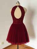 Beaded Bodice Halter Burgundy Tulle Homecoming Dresses,Open Back Short Formal Dresses,apd2541-SheerGirl