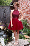 Beaded Bodice Halter Burgundy Tulle Homecoming Dresses,Open Back Short Formal Dresses,apd2541-SheerGirl