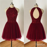 Beaded Bodice Halter Burgundy Tulle Homecoming Dresses,Open Back Short Formal Dresses,apd2541-SheerGirl