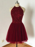 Beaded Bodice Halter Burgundy Tulle Homecoming Dresses,Open Back Short Formal Dresses,apd2541-SheerGirl