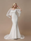 Beaded Ivory Modest Lace Mermaid Wedding Dresses with Batwing Sleeves AWD1005-SheerGirl