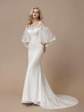 Beaded Ivory Modest Lace Mermaid Wedding Dresses with Batwing Sleeves AWD1005-SheerGirl