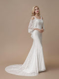 Beaded Ivory Modest Lace Mermaid Wedding Dresses with Batwing Sleeves AWD1005-SheerGirl