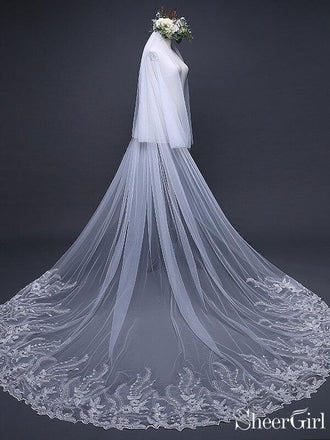 Ombre Champagne Floral Lace Ivory Cathedral Veil with Blusher Bridal V –  SheerGirl