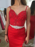 Beaded Spaghetti Straps Sweetheart Neckline Rhinestones Sash Red Prom Dresses ARD2510-SheerGirl