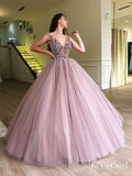 Beaded and Tulle Deep Illusion V Neck Ball Gown Mauve Champagne Prom Dress Ard2493-SheerGirl