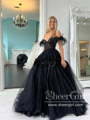 Black 3D Flowers A Line Prom Dresses Sweetheart Neck Long Formal Dress with  Feather ARD2909