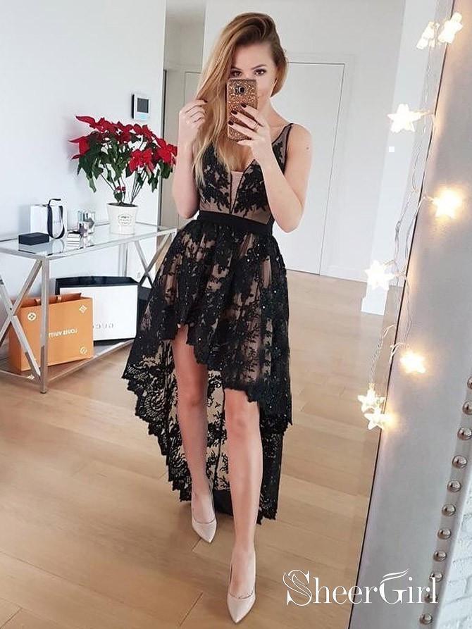 Black Lace Short Prom Dress, Hight Low Evening Dress – shopluu