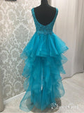 Blue Beaded Lace High Low Prom Dresses Muti-Layered Organza Quinceanera Dresses APD3415-SheerGirl