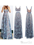 Blue Floral Lace Prom Dresses See Through Cheap Backless Formal Dresses AWD1051-SheerGirl