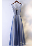 Blue Tulle Long Prom Dresses V Neck Lace Appliqued Cheap Beaded Formal Dresses ARD1323-SheerGirl