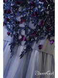 Blue Tulle Long Prom Dresses V Neck Lace Appliqued Cheap Beaded Formal Dresses ARD1323-SheerGirl