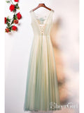 Blue Tulle Long Prom Dresses V Neck Lace Appliqued Cheap Beaded Formal Dresses ARD1323-SheerGirl