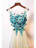 Blue Tulle Long Prom Dresses V Neck Lace Appliqued Cheap Beaded Formal Dresses ARD1323-SheerGirl