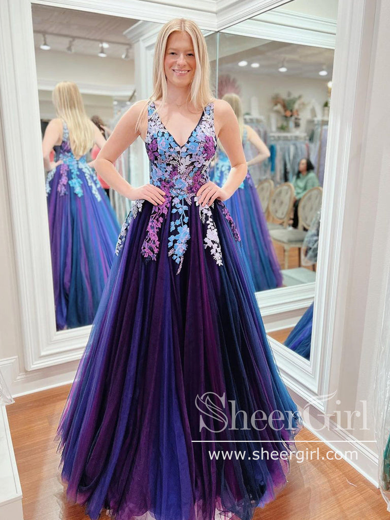 Purple tulle lace v neck long prom dress, purple evening dress