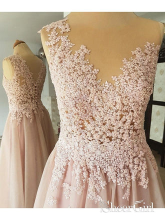Ball Gown Blush Pink Lace Prom Dresses With Long Sleeves ARD2116 – SheerGirl